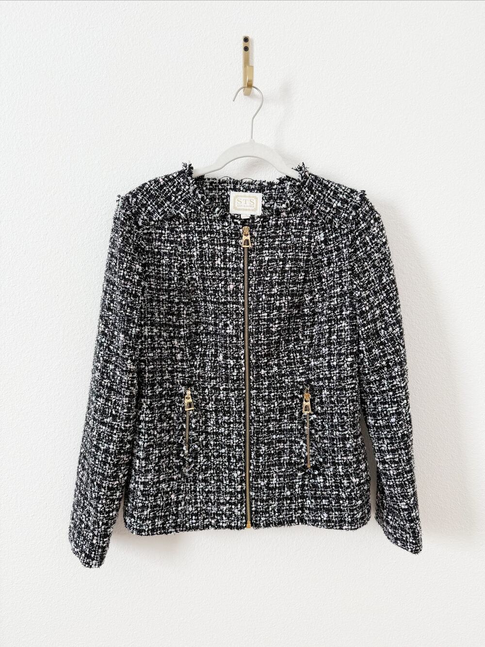 Sail to Sable Black White Tweed Gold Zipper Blazer Jacket Small